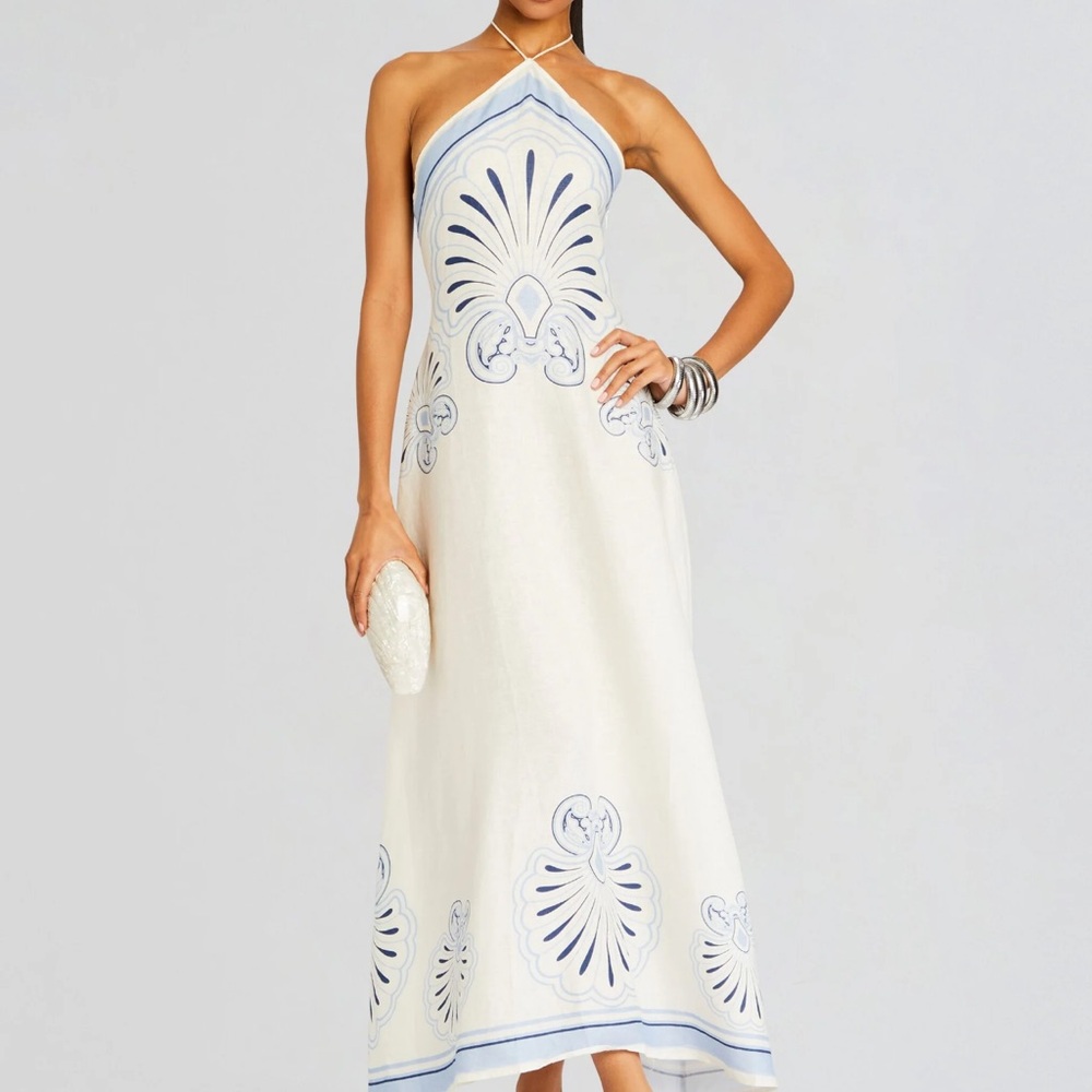 Elegant White and Blue Halter Maxi Dress